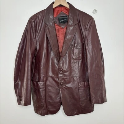 Vintage JC Penney Leather Jacket Mens 44 Burgundy Blazer Notch Pockets Retro 70s - Image 1 of 4