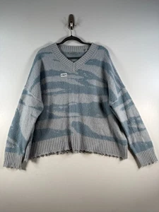 AllSaints Womens Tiga V-Neck Wool Alpaca Sweater Academia Ivy League Blue Sz L - Picture 1 of 10