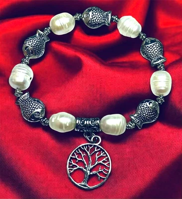 Freshwater Baroque 12 mm Pearl Bracelet Stretch Tree of Life Charm Fish Beads - Image 1 of 4
