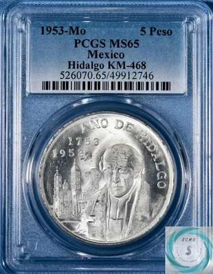 1953-Mo Silver 5 Pesos Hidalgo PCGS MS65 KM#468 - Lovely White Coin - Image 1 of 4