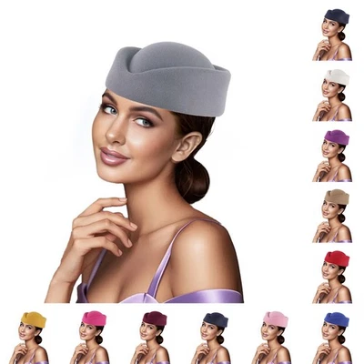 Womens Retro Felt Beret Derby Hats Church Tea Party Formal Wedding Pillbox Hat - Image 1 of 3