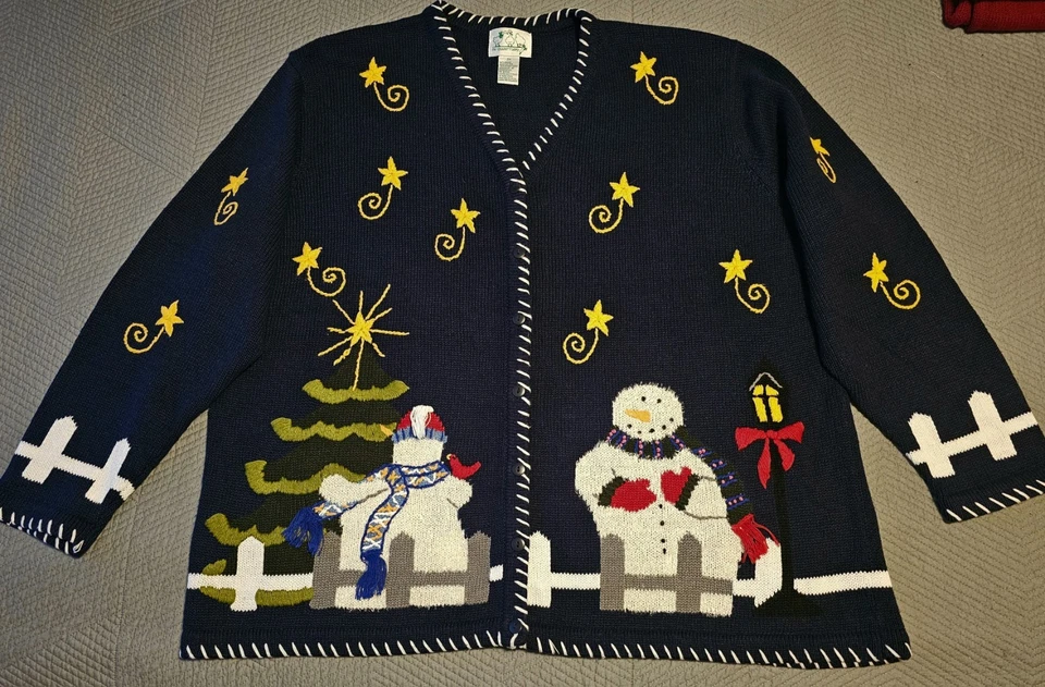 Cárdigan De Colección QUACKER FACTORY Talla 2X Muñeco de Nieve/Estrella Fugaz, Azul Foto 1 de 4