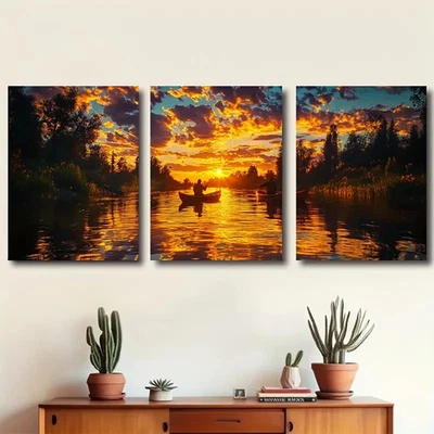 Arte de pared escena de pesca tranquila río al atardecer lienzo enmarcado 50x70 cm 3 piezas Foto 1 de 2