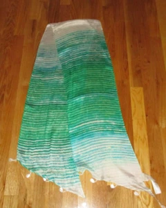 CHICO's Turquoise Green Striped Beaded Fringe Rayon Silk Bias Oblong Scarf 71" - Picture 1 of 4