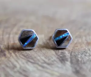 Tiger's Eye, Fire Opal, Onyx, Jasper Sterling Silver Inlay Stud Earrings Navajo - Picture 1 of 7