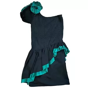 Vestido de Fiesta Vintage Años 80 Negro Verde Talla S Un Hombro Asimétrico Volantes Dobladillo - Imagen 1 de 20