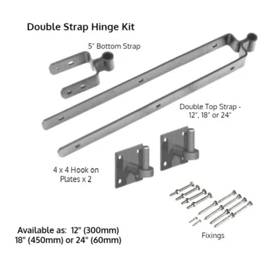FIELD GATE KIT DOUBLE STRAP HINGE SET:  12" 18" 24"  WITH HOOKS ON PLATE GALV - Image 1 of 4