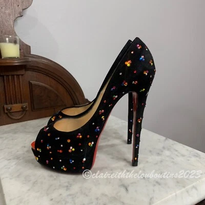 Zapatos de salón Christian Louboutin Lady Peep 150 Clair de Lune Strass talla 37 gamuza negra Foto 1 de 4