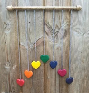 Handmade Wooden Hanging Hearts Rainbow Mobile Wall Art Hanging - Picture 1 of 3