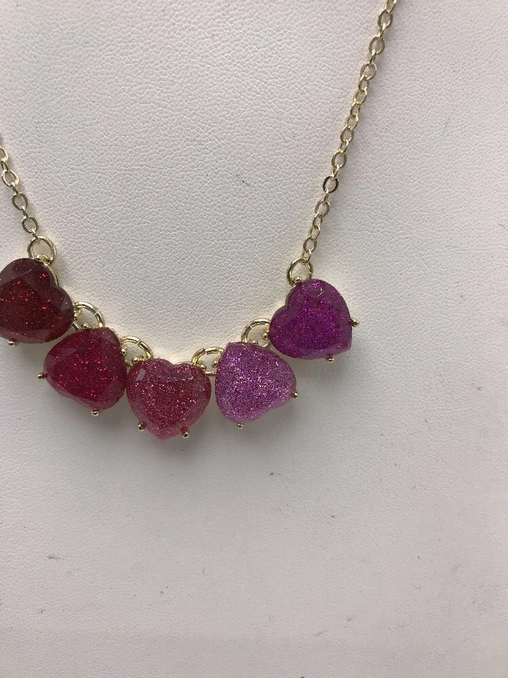 Betsey Johnson Gold Tone Glitter Heart Frontal Statement Necklace M14
