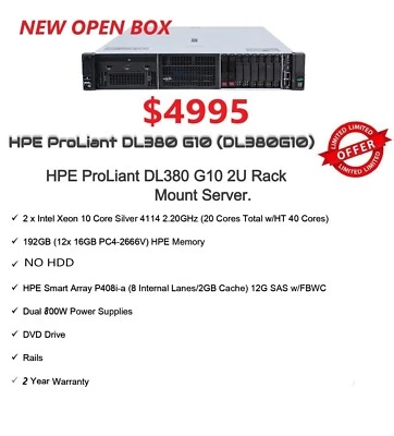 HP ProLiant DL380 Gen 10 | 2x Silver 4114 @2.2GHz 20Core | 192GB 266V| Brand NEW - Image 1 of 2