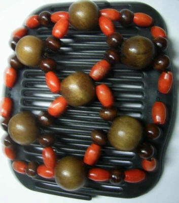 ORANGE Wood BUTTERFLY Style Magic Double Comb hair set stretchy 4" wood beads  - Image 1 of 2