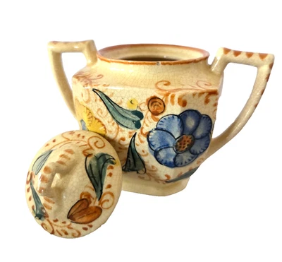 Azucarero Vintage Porcelana Pintado a Mano Japón Amarillo Azul Floral con Tapa Foto 1 de 4