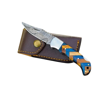 Custom Damascus Steel Folding Pocket Knife - Wood Handle Lockback w/Sheath - Image 1 of 4