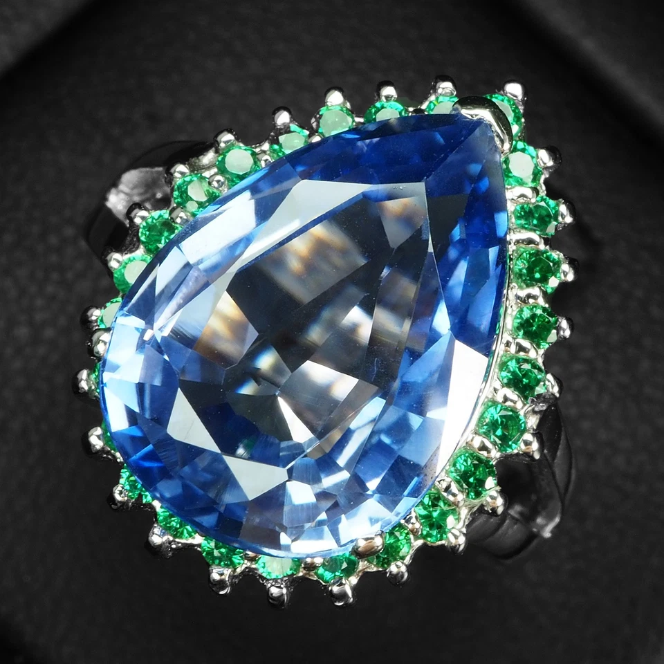 Кольцо из белого золота 925 пробы с заманчивым синим сапфиром и грушей 9,25 карата размер 5,75 - Изображение 1 из 4