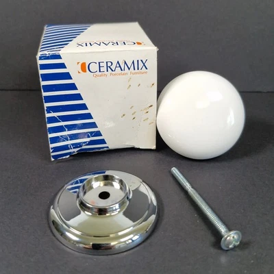 Ceramix White Ceramic Porcelain Cabinet Robe Pull Silver Chrome Baseplate Handle - Image 1 of 3