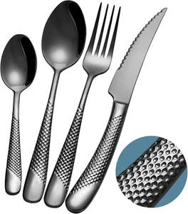 Set Di Posate 24 Pezzi Moderne Nero Martellate Con Coltelli Seghettato 2 in 1 Ul - Foto 1 di 12