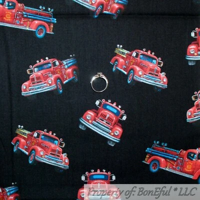 BonEful Fabric FQ Cotton Quilt Black RED Fire Truck VTG Antique Super Hero 911 S - Image 1 of 4