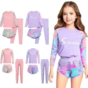 Kids Girl's Swimming Suit 3 Piece Tops And Shorts Fashion Rash Guard Wetsuit - Picture 1 of 31