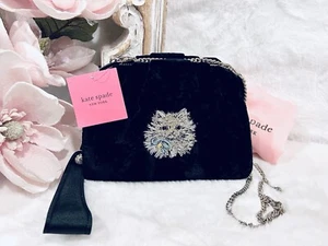 Kate Spade Cat Pretty Kitty Bag Black Velvet Embroidered Party Cat Novelty NWT - Picture 1 of 11