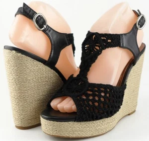 $89 LUCKY BRAND RILO Black Macrame Designer Espadrille Wedge Platform Sandal 9.5 - Picture 1 of 4