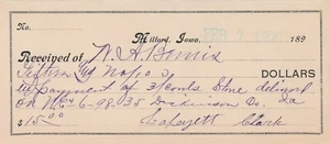Milford IA ~ Quittung für 15 $ ~ für Versand von 3 Containern (?) Stein~1898~Lafayett - Bild 1 von 2