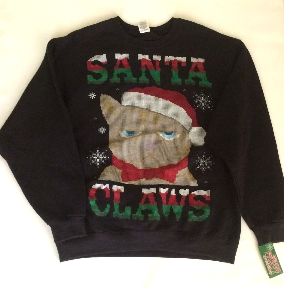 Ugly Christmas Sweatshirt Black Size XL Grumpy Cat Santa Claws