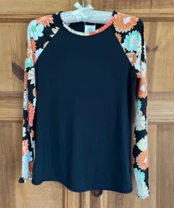 Roxy New Rash Guard Womens Medium Retro Ringer Style Floral Long Sleeve Black - Picture 1 of 12