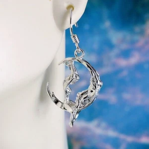 925 Silver moon rider dangle earrings with swinging girl Sterling Diamond cut - Picture 1 of 6