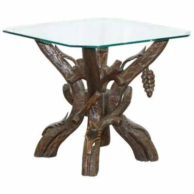 BLACK FOREST WOOD CARVED WITH LEAVED & GRAPES SIDE LAMP END WINE TABLE GLASS TOP - Image 1 of 4