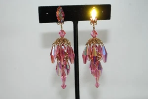 vtg Lewis Segal California signed pink ab crystal clusters dangle clip earrings - Picture 1 of 7