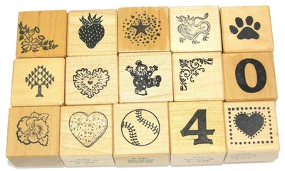 Lote mixto de 15 sellos de goma pequeños PSX payaso pata béisbol flor fresa número Foto 1 de 3