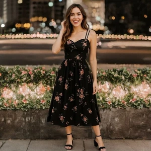 Unique Vintage Fit & Flare Midi Dress Rose Floral Sleeveless Swing Skirt Pockets - Picture 1 of 10
