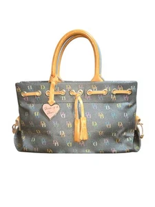 Bolso Dooney & Bourke EE. UU. DE COLECCIÓN Y2K Gris Firma y Cuero Marrón Borla 12"X7"X5" - Imagen 1 de 11