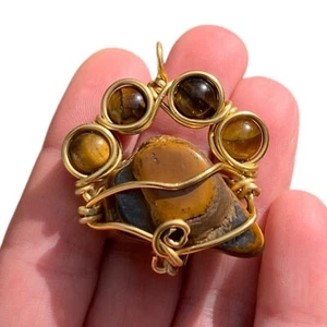 Real Tigers Eye Gold Wire Wrap Dog Cat Animal Paw Print Pendant Handmade Jewelry - Picture 1 of 10