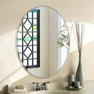 Nordic Wall Mounted Oval Frameless Bathroom Glass Vanity Mirror Beveled Edge - Image 1 of 4