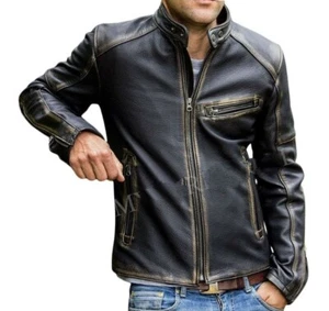 Chaqueta de cuero real negra en apuros vintage para motociclista Cafe Racer para hombre - Imagen 1 de 2