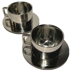 SERGIO ASTI FOR ICM ITALY POST MODERN STAINLESS STEEL ESPRESSO CUP & SAUCER PAIR - Picture 1 of 12
