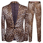 Fashion Men's Casual Leopard Print Nightclub Suit Jacket Pants 2Pcs Blazers Set