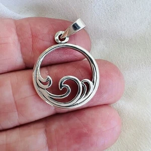 Sterling Silver Wave Scene Charm Pendant Ocean Sea Surfer Handcrafted Solid 925 - Picture 1 of 8