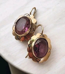 ¿Victoriano vintage? Pendientes colgantes marcados GLIZ oro 8k amatista púrpura palanca trasera  - Imagen 1 de 18