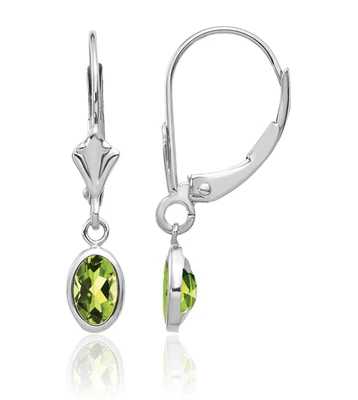 14K Solid White Gold Oval Peridot Dangle Earrings - Image 1 of 4