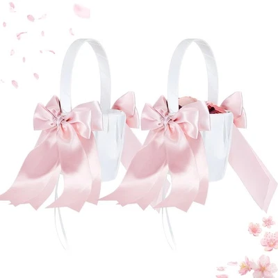 2 Piezas Cesta Boda Flor Niña con Mango Clásico Rosa Doble Cinta Arco D... Foto 1 de 4