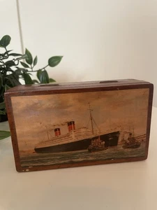 HMS Queen Elizabeth Oak Box Cards Cigar Vintage Hinged Gift Ocean Liner Ship - Picture 1 of 7