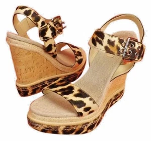 NIB MIU MIU 5XZ090 LEOPARD PONY HAIR CORK WEDGE HIGH HEEL SANDALS 39 US 8.5 - Picture 1 of 12