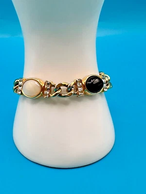 Estate Bracelet Black/White Tourmaline Stone Gold Tone Clear Rhinestone Accents - Image 1 of 4