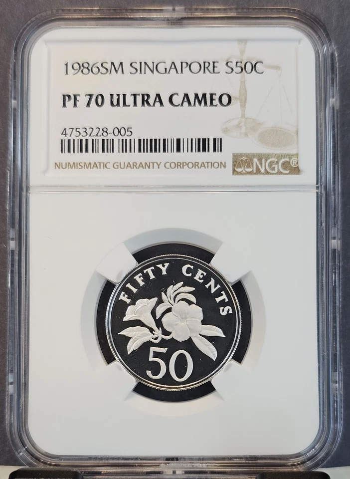 1986 SINGAPORE SILVER 50 CENTS YELLOW ALLAMANDA PLANT NGC PF 70 ULTRA CAMEO - Image 1 of 3