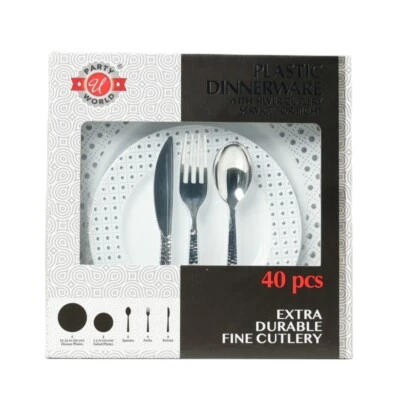Vajilla de plástico 120 piezas platos de plástico plateados cucharas tenedores y cuchillos para fiesta Foto 1 de 4