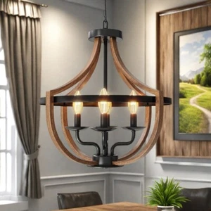4-Lights Wagon Wheel Chandelier Wooden Pendant Lamp Rustic Ceiling Light - Picture 1 of 6
