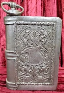 VINTAGE ANTIQUE Estate Fein Zinn Pewter Book WHISKEY Flask 8"X5" JUDGE CHAMBER - Picture 1 of 24